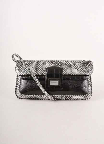 Silver Metallic and Black Snakeskin Leather Convertible Long Clutch