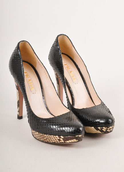 Black and Grey Snakeskin Leather Tapered Toe Platform Pumps