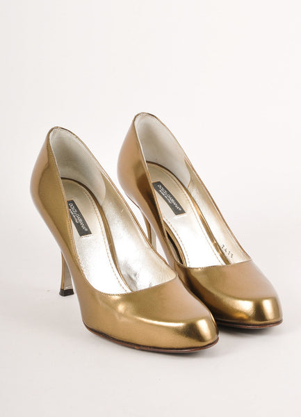 Dark Gold and Bronze Metallic Rounded Toe Leather Pumps