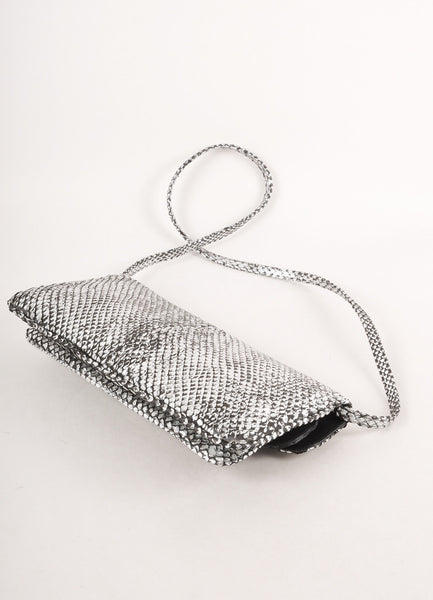 Silver Metallic and Black Snakeskin Leather Convertible Long Clutch