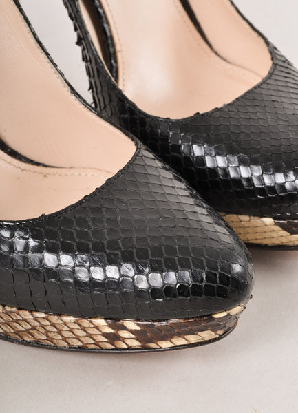 Black and Grey Snakeskin Leather Tapered Toe Platform Pumps