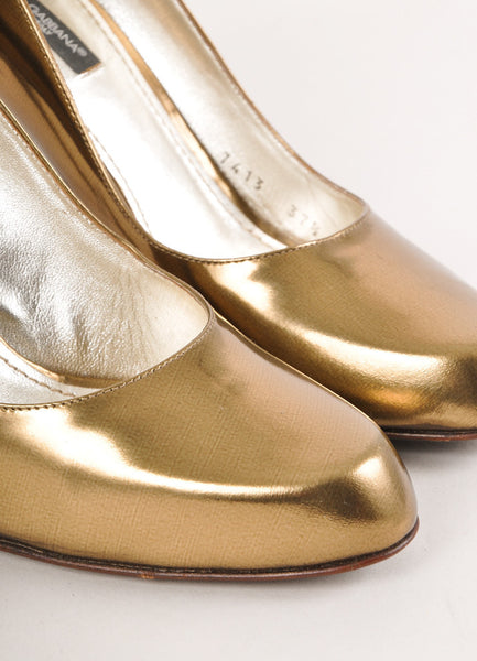 Dark Gold and Bronze Metallic Rounded Toe Leather Pumps