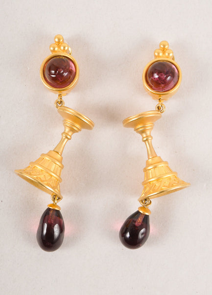 Gold Toned and Purple Stone Dangle Earrings