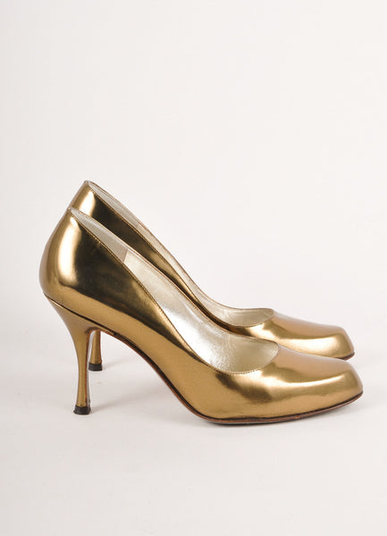 Dark Gold and Bronze Metallic Rounded Toe Leather Pumps