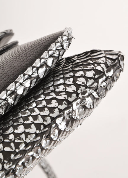 Silver Metallic and Black Snakeskin Leather Convertible Long Clutch