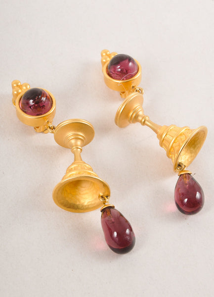 Gold Toned and Purple Stone Dangle Earrings