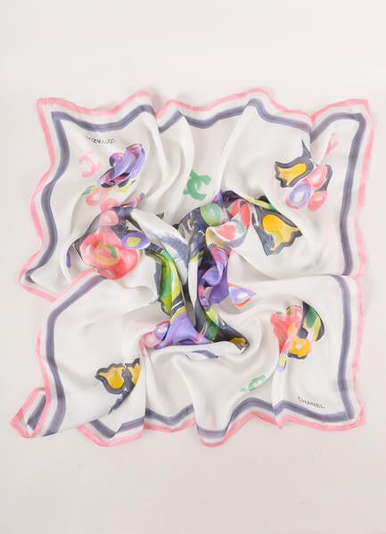 White, Pink, and Green Floral Watercolor Print "CC" Silk Scarf