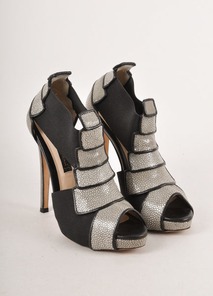 Grey and Black Stingray Leather Elastic Trim Peep Toe Pumps