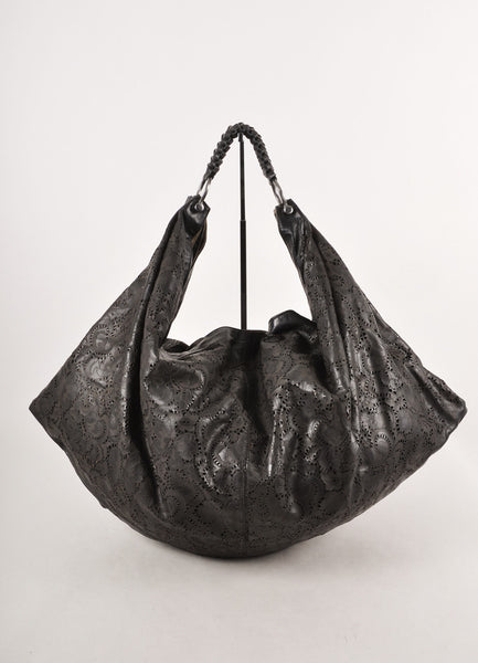 Dark Brown Floral Laser Cut Leather Hobo Bag