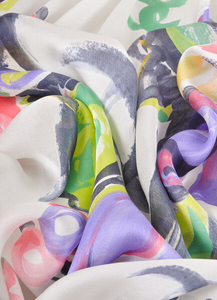 White, Pink, and Green Floral Watercolor Print "CC" Silk Scarf