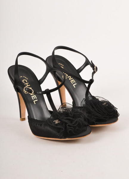 Black Floral Rosette "CC" Sandal Heels