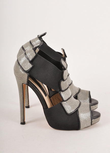 Grey and Black Stingray Leather Elastic Trim Peep Toe Pumps