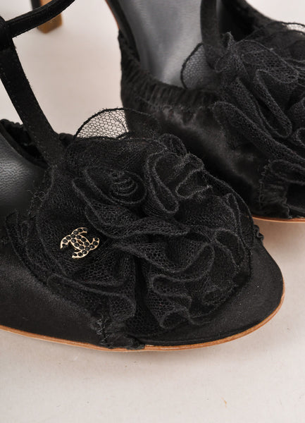 Black Floral Rosette "CC" Sandal Heels