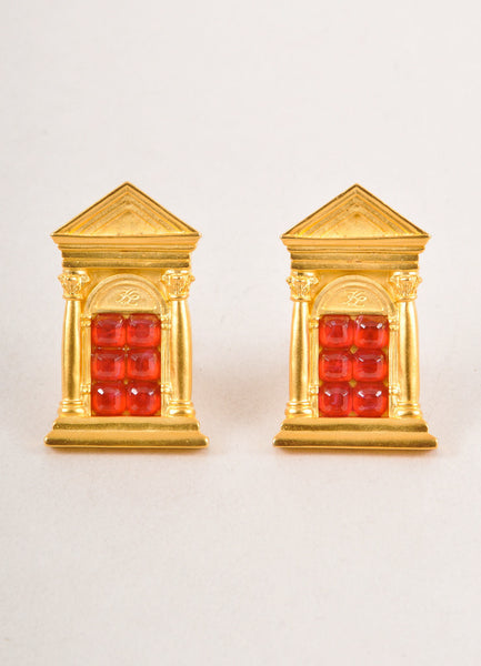 Gold Toned and Red Stone Door Earrings