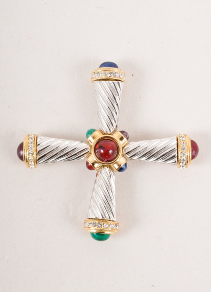 Silver and Gold Toned Textured Jewel Embellished Cross Pin