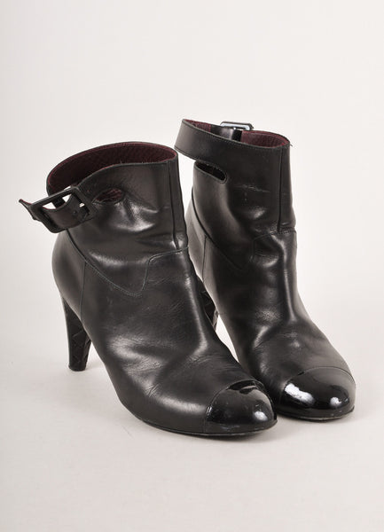 Black Leather With Patent Leather Cap Toe High Heel Buckle Booties