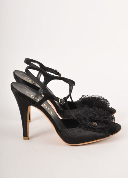 Black Floral Rosette "CC" Sandal Heels