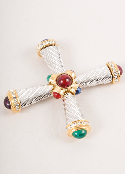 Silver and Gold Toned Textured Jewel Embellished Cross Pin