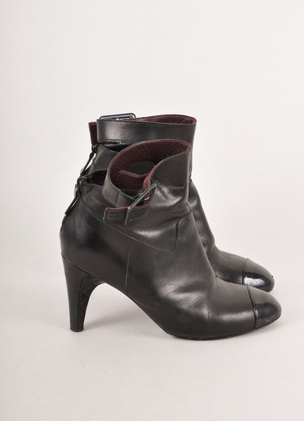 Black Leather With Patent Leather Cap Toe High Heel Buckle Booties