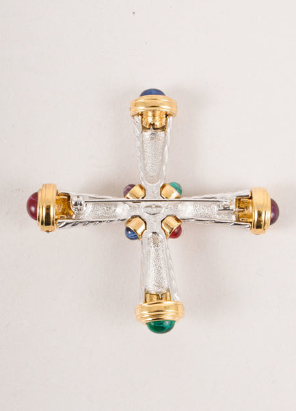 Silver and Gold Toned Textured Jewel Embellished Cross Pin