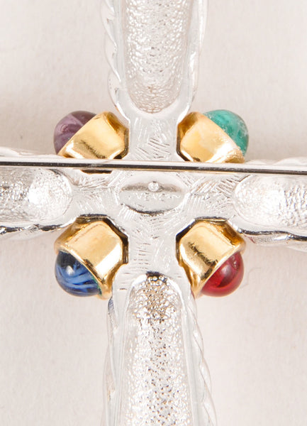 Silver and Gold Toned Textured Jewel Embellished Cross Pin