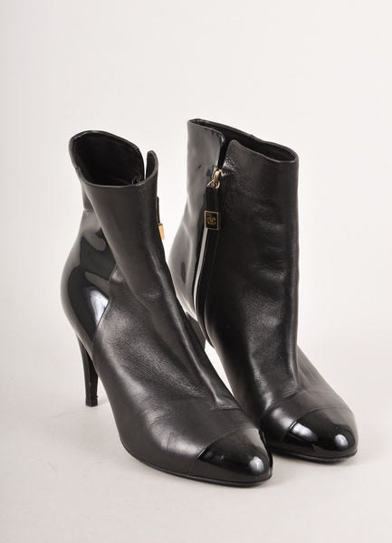 Black Leather High Heel Booties With Patent Leather Trim Cap Toe