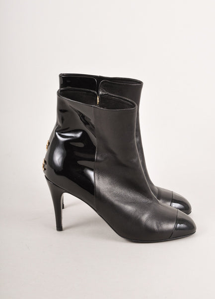 Black Leather High Heel Booties With Patent Leather Trim Cap Toe