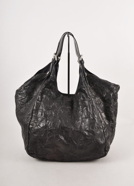 Black Crinkled Leather "Sacca" Hobo Tote Bag