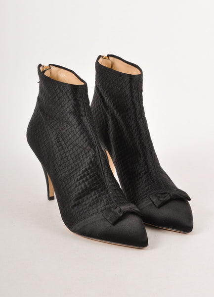 Black Quilted Pointed Toe Bow Zip Booties