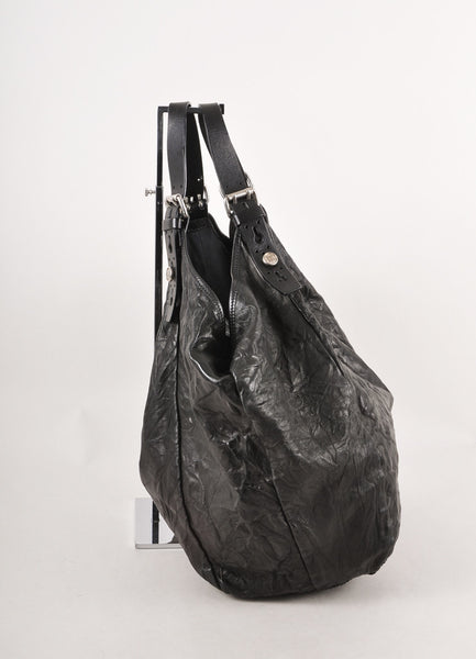 Black Crinkled Leather "Sacca" Hobo Tote Bag