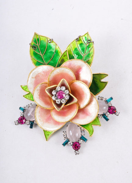 Green and Pink Embellished Floral Brooch