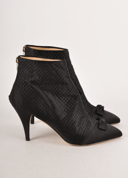 Black Quilted Pointed Toe Bow Zip Booties