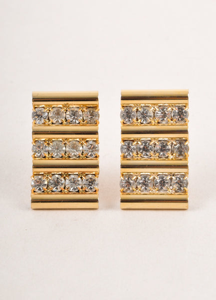 Gold Toned and Clear Cylinder Rhinestone Trim Clip On Earrings