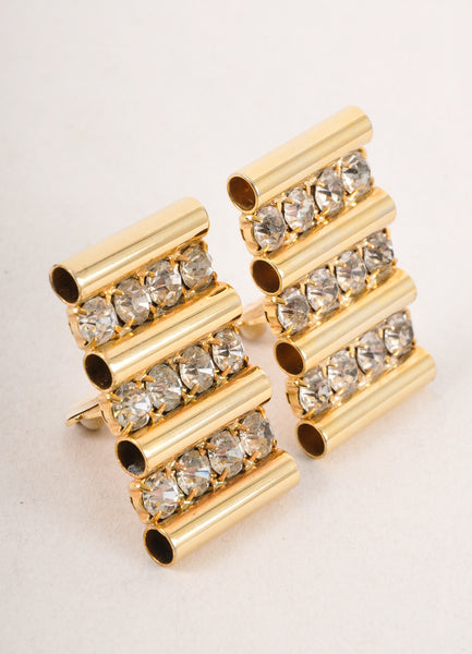 Gold Toned and Clear Cylinder Rhinestone Trim Clip On Earrings