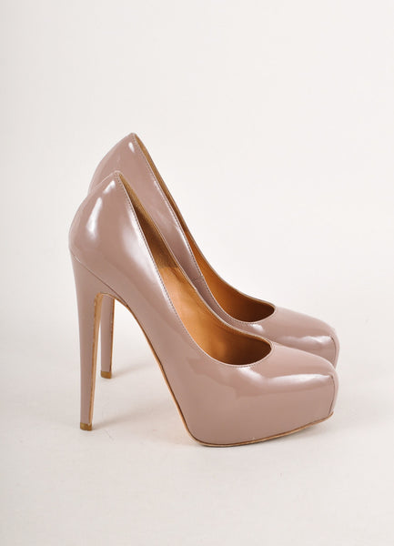 Taupe Patent Leather Platform Pumps