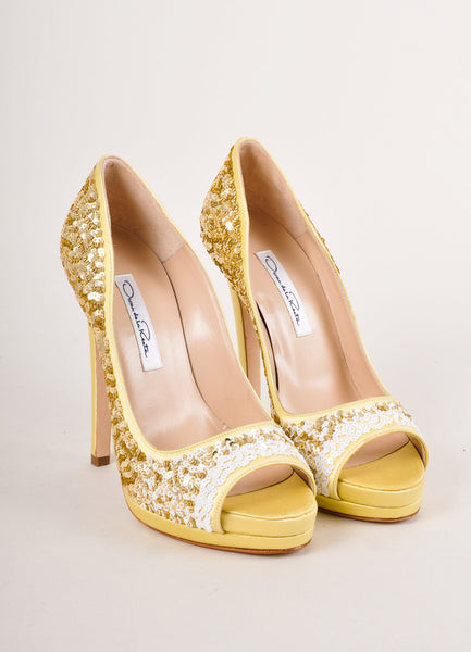 New In Box Gold and White Satin Embellished Pumps