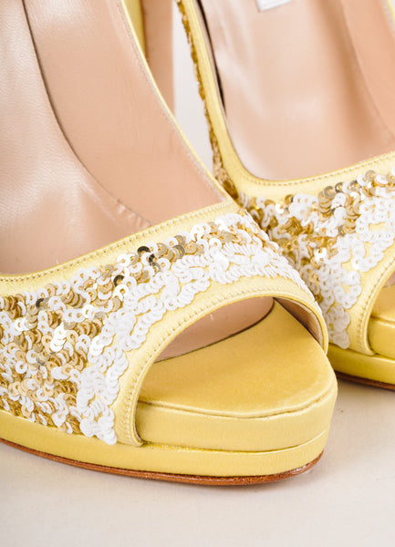 New In Box Gold and White Satin Embellished Pumps