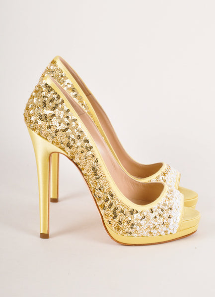 New In Box Gold and White Satin Embellished Pumps