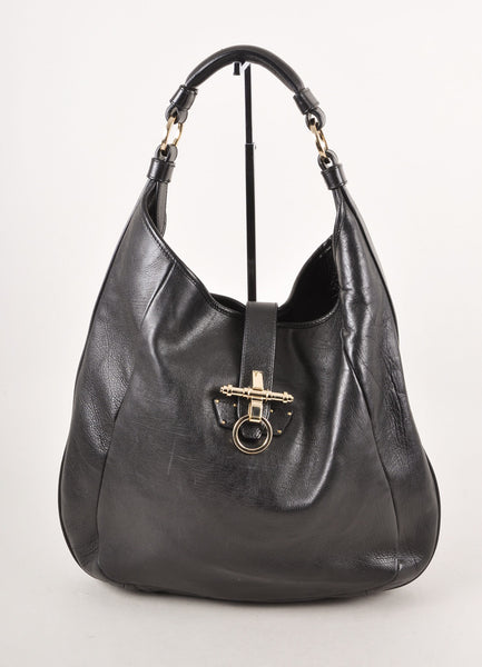 Black Leather Obsedia Hobo Shoulder Tote Bag