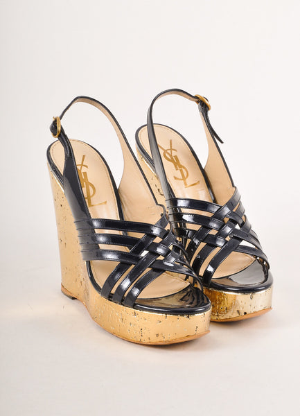 Black and Gold Patent Leather Strappy Platform Wedge Sandal