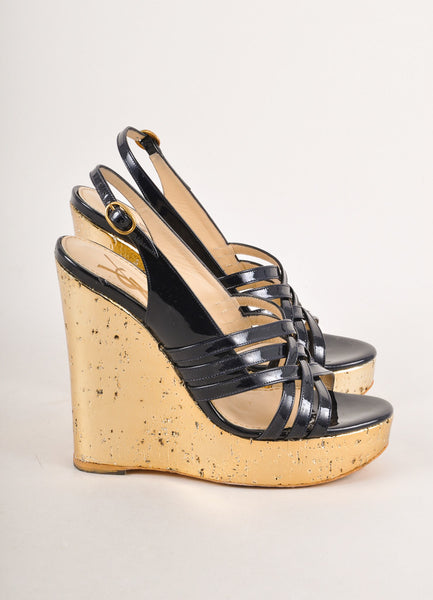 Black and Gold Patent Leather Strappy Platform Wedge Sandal