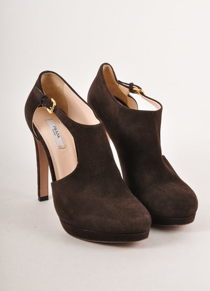 Brown Suede Leather Cut Out High Heel Ankle Booties