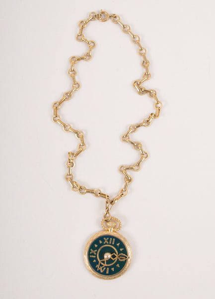 Gold Toned and Green Enamel Pocket Watch Pendant Necklace