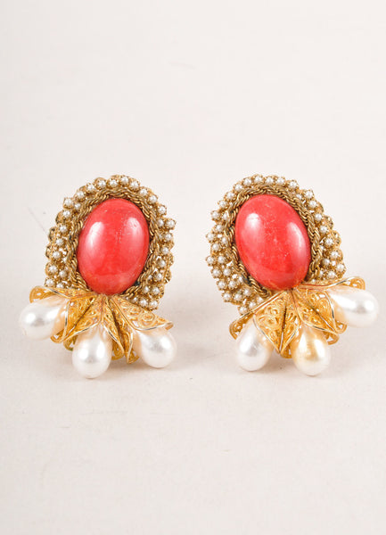 Vintage Red, Gold Toned, and Cream Faux Pearl and Coral Stone Filigree Earrings