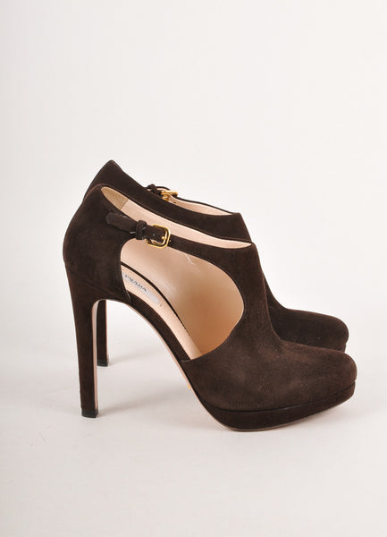 Brown Suede Leather Cut Out High Heel Ankle Booties