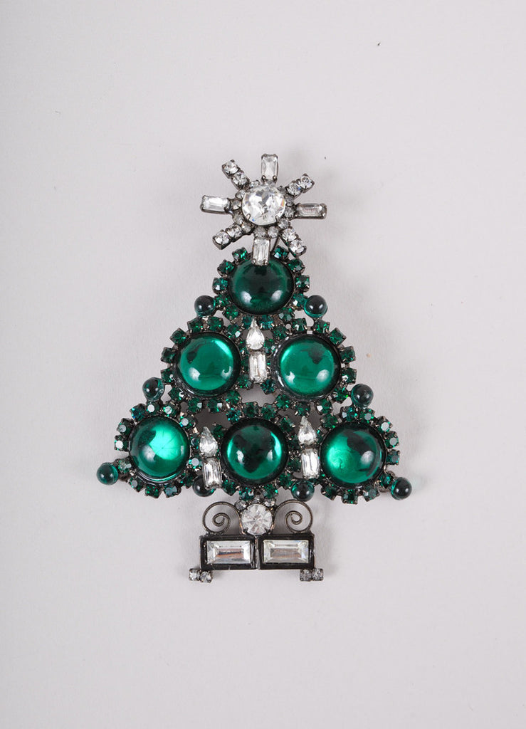 Green Crystal and Rhinestone Christmas Tree Brooch