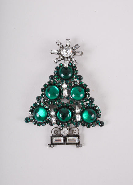 Green Crystal and Rhinestone Christmas Tree Brooch
