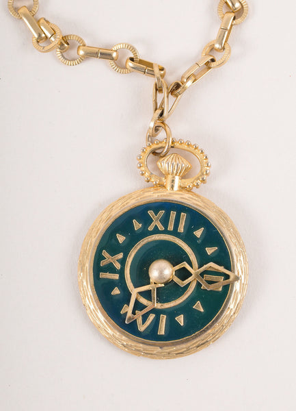 Gold Toned and Green Enamel Pocket Watch Pendant Necklace