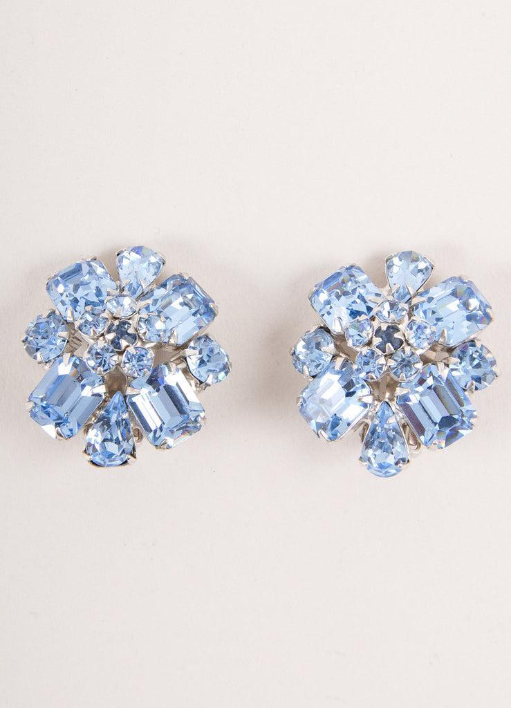 Vintage Blue Crystal Rhinestone Flower Earrings