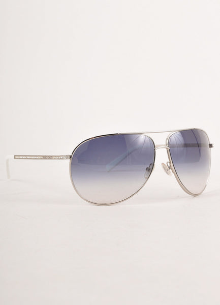 Silver, Blue, and White Rhinestone Trim Aviator Sunglasses